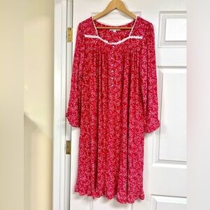 Eileen West Modal Long Sleeve RUFFLED Trim Nightgown Small S Red Floral Pajamas